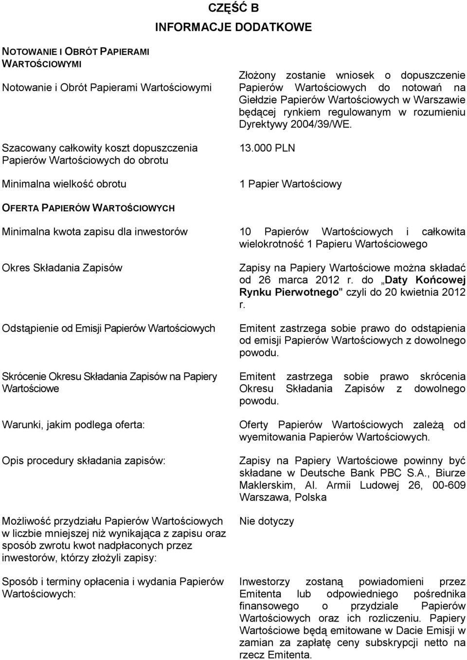 13.000 PLN 1 Papier Wartościowy OFERTA PAPIERÓW WARTOŚCIOWYCH Minimalna kwota zapisu dla inwestorów 10 Papierów Wartościowych i całkowita wielokrotność 1 Papieru Wartościowego Okres Składania Zapisów