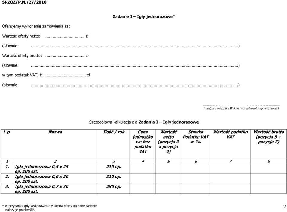 Wartość podatku VAT Wartość brutto (pozycja 5 + pozycja 7) 1 2 3 4 5 6 7 8 1. Igła jednorazowa 0,5 x 25 210 op. 2. Igła jednorazowa 0,6 x 30 210 op.