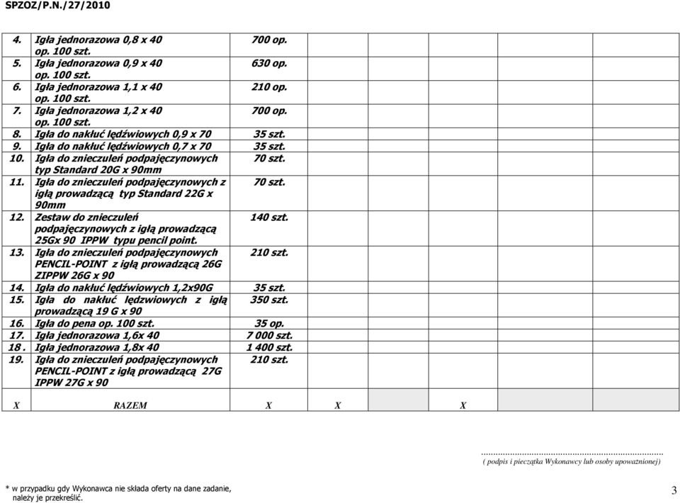 igłą prowadzącą typ Standard 22G x 90mm 12. Zestaw do znieczuleń 140 szt. podpajęczynowych z igłą prowadzącą 25Gx 90 IPPW typu pencil point. 13. Igła do znieczuleń podpajęczynowych 210 szt.