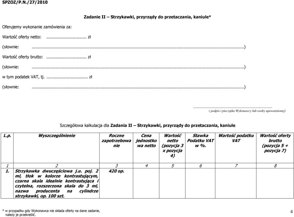 Wartość podatku VAT Wartość oferty brutto (pozycja 5 + pozycja 7) 1 2 3 4 5 6 7 8 1. Strzykawka dwuczęściowa j.u. poj.