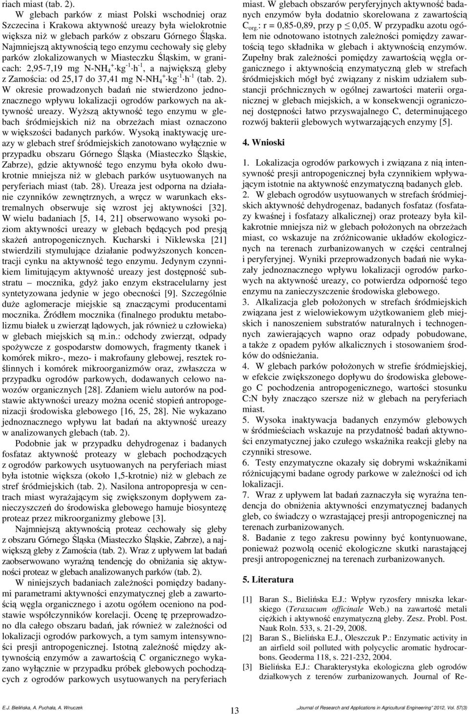 N-NH 4+ kg -1 h -1 (tab. 2). W okresie prowadzonych badań nie stwierdzono jednoznacznego wpływu lokalizacji ogrodów parkowych na aktywność ureazy.