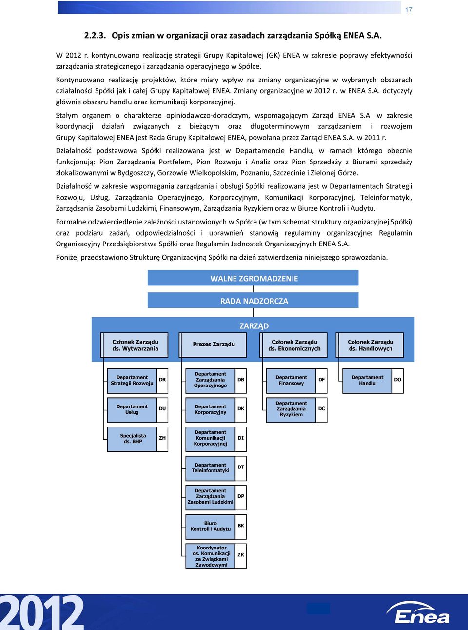 Kontynuowano realizację projektów, które miały wpływ na zmiany organizacyjne w wybranych obszarach działalności Spółki jak i całej Grupy Kapitałowej ENEA.