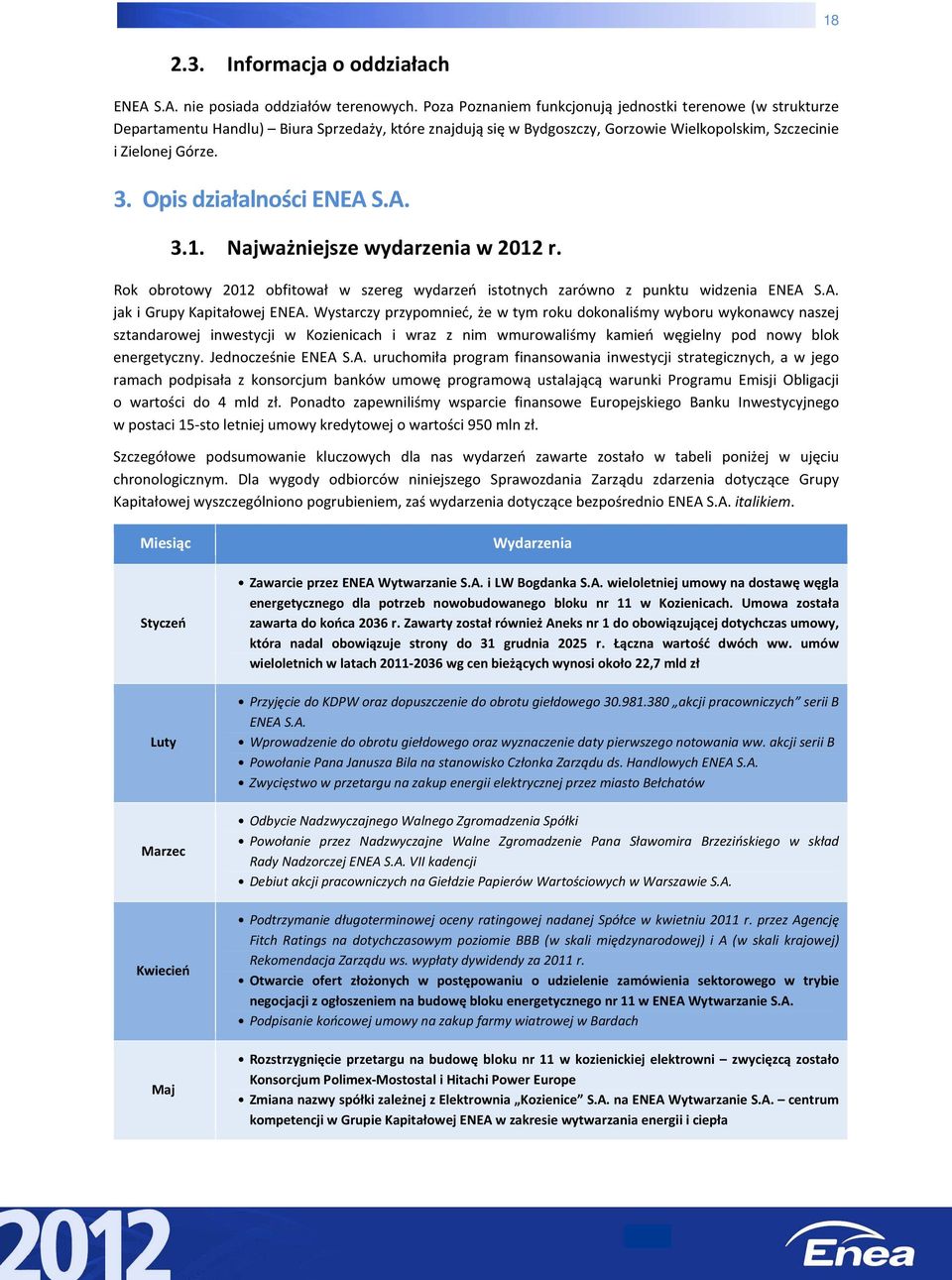 Opis działalności ENEA S.A. 3.1. Najważniejsze wydarzenia w 2012 r. Rok obrotowy 2012 obfitował w szereg wydarzeń istotnych zarówno z punktu widzenia ENEA S.A. jak i Grupy Kapitałowej ENEA.