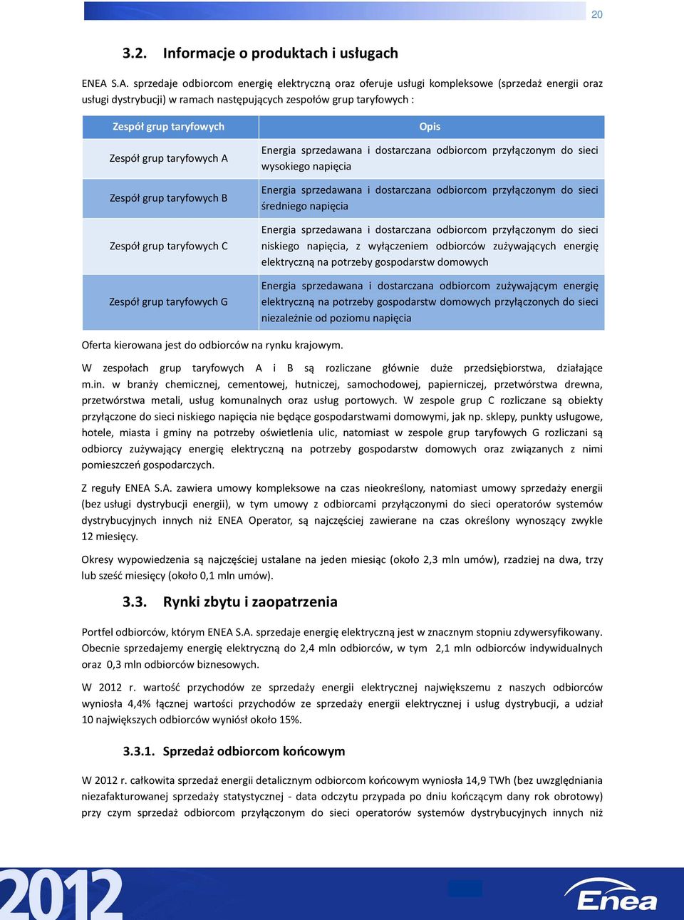 grup taryfowych A Zespół grup taryfowych B Zespół grup taryfowych C Zespół grup taryfowych G Opis Energia sprzedawana i dostarczana odbiorcom przyłączonym do sieci wysokiego napięcia Energia