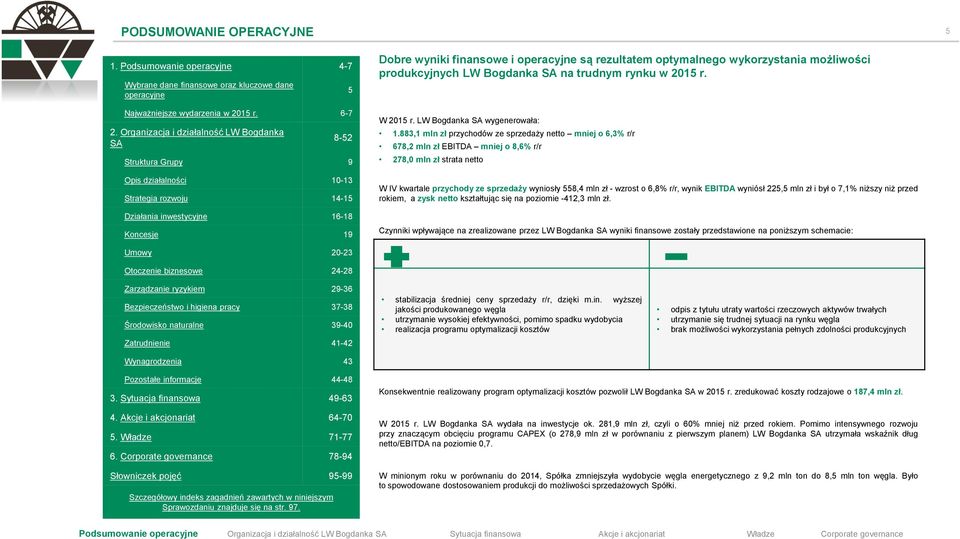 rezultatem optymalnego wykorzystania możliwości produkcyjnych LW Bogdanka SA na trudnym rynku w 2015 r. W 2015 r. LW Bogdanka SA wygenerowała: 1.