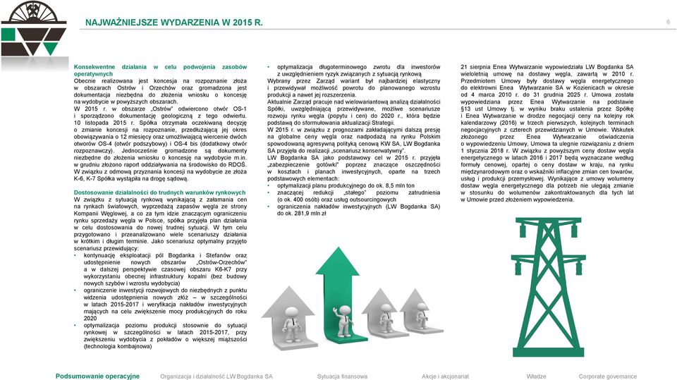 złożenia wniosku o koncesję na wydobycie w powyższych obszarach. W 2015 r. w obszarze Ostrów odwiercono otwór OS-1 i sporządzono dokumentację geologiczną z tego odwiertu. 10 listopada 2015 r.