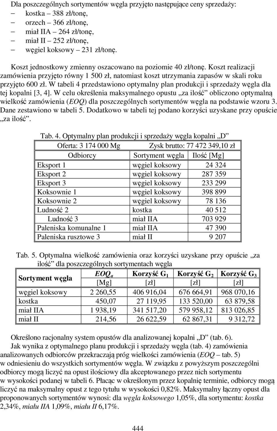W tbeli 4 przedstwioo optymly pl produkcji i sprzedży węgl dl tej kopli [3, 4].