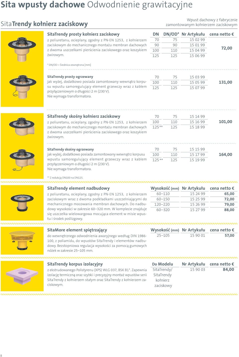 Wpust dachowy z fabrycznie zamontowanym kołnierzem zaciskowym DN DN/OD* Nr Artykułu cena netto 70 75 15 02 99 90 90 15 01 99 72,00 100 110 15 04 99 125 125 15 06 99 SitaTrendy prosty ogrzewany jak