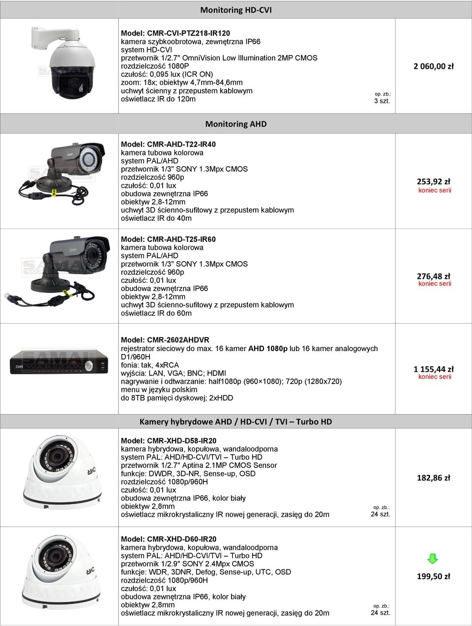 Monitoring AHD Model: CMR-AHD-T22-IR40 kamera tubowa kolorowa system PAL/AHD przetwornik 1/3" SONY 1.