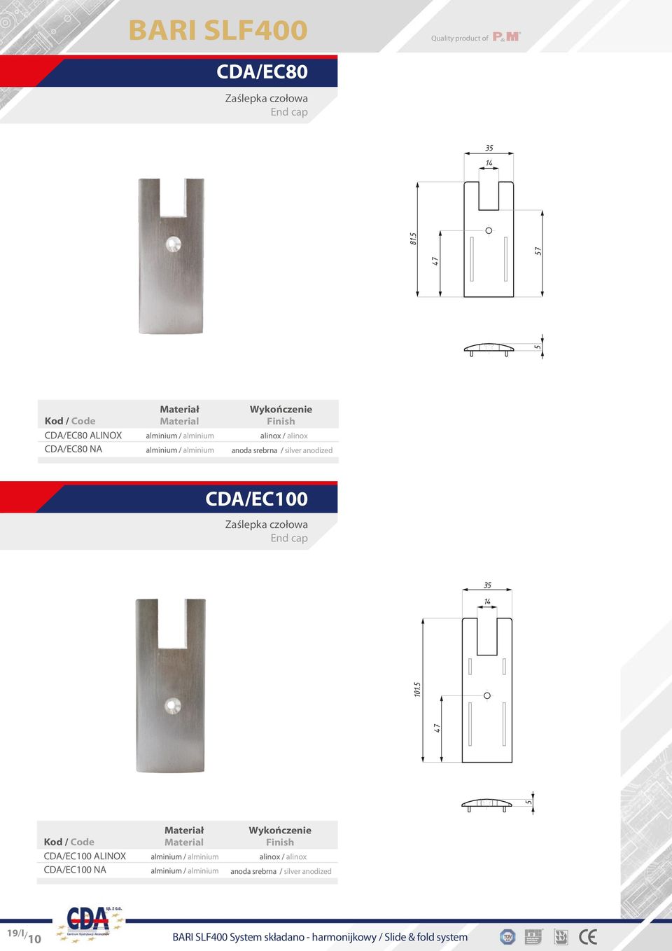 srebrna / silver anodized CDA/EC100 Zaślepka czołowa End cap 35 14 5 47 101.