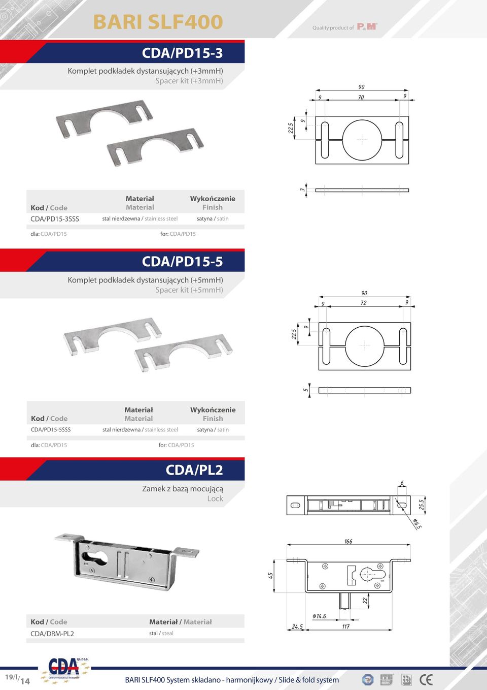 5 9 CDA/PD15-3SSS stal nierdzewna / stainless steel satyna / satin dla: CDA/PD15 for: CDA/PD15 CDA/PD15-5 Komplet podkładek