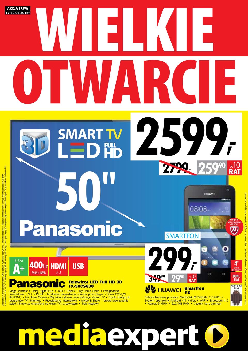 50" Telewizor LED Full HD 3D TX-50CS630 Mega kontrast Dolby Digital Plus WiFi HbbTV My Home Cloud Przeglądarka internetowa CI+ DLNA Możliwość prowadzenia rozmów przez Skype Tuner DVB-T/C (MPEG-4) My