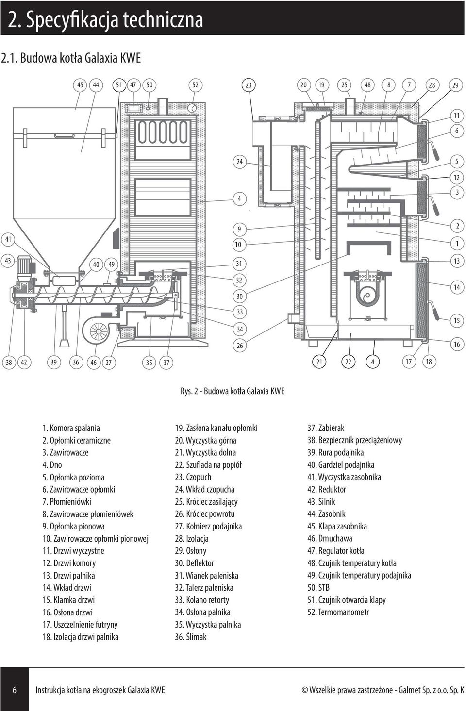 2 - Budowa kotła Galaxia KWE 1. Komora spalania 2. Opłomki ceramiczne 3. Zawirowacze 4. Dno 5. Opłomka pozioma 6. Zawirowacze opłomki 7. Płomieniówki 8. Zawirowacze płomieniówek 9. Opłomka pionowa 10.