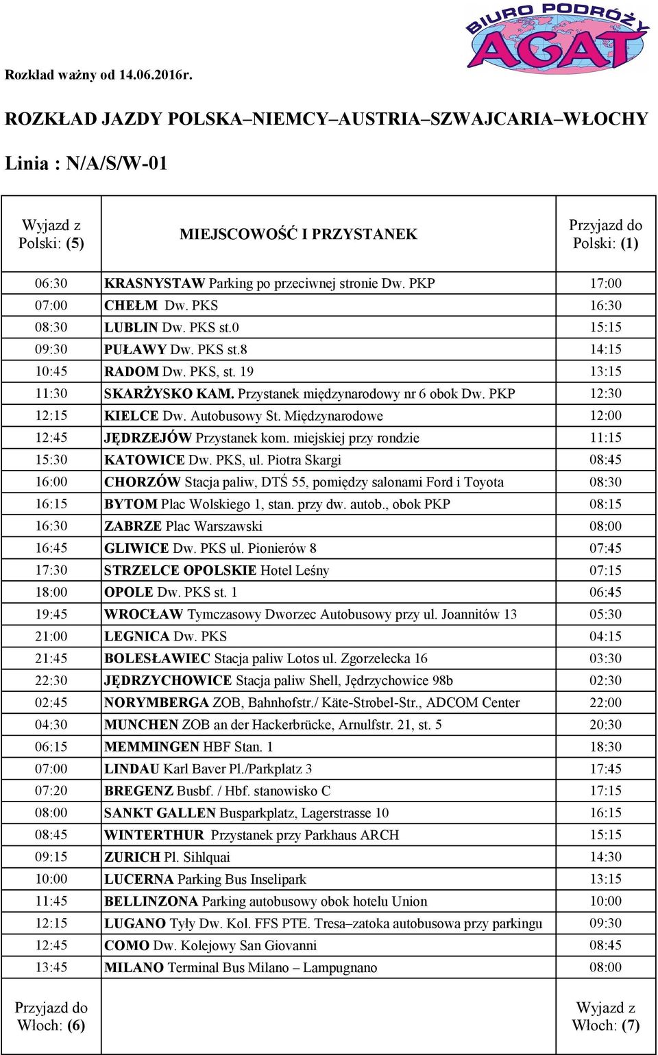 Międzynarodowe 12:00 12:45 JĘDRZEJÓW Przystanek kom. miejskiej przy rondzie 11:15 BYTOM Plac Wolskiego 1, stan. przy dw. autob.