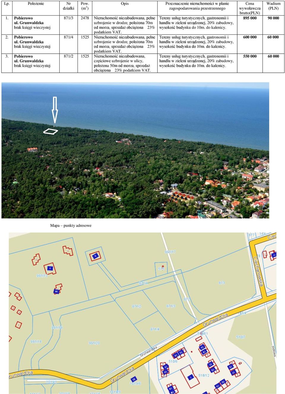 871/4 1525 Nieruchomość niezabudowana, pełne uzbrojenie w drodze, położona 70m od morza, sprzedaż obciążona 23% podatkiem VAT.