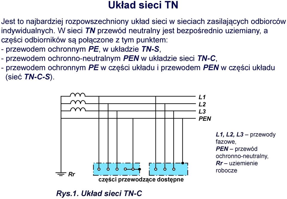 układzie TN-S, - przewodem ochronno-neutralnym PEN w układzie sieci TN-C, - przewodem ochronnym PE w części układu i przewodem PEN w