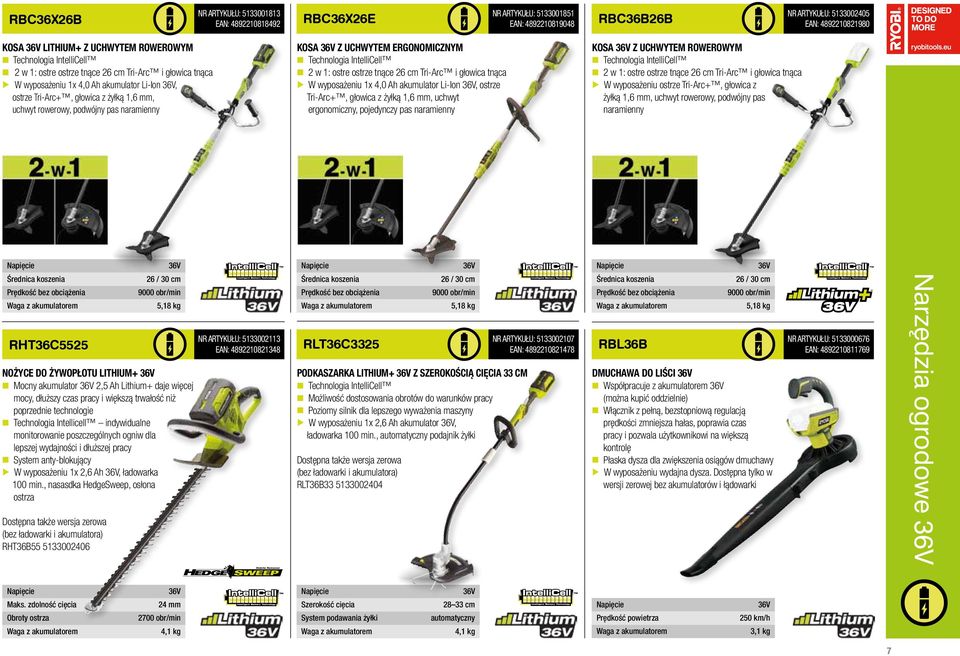 naramienny Kosa 36V z uchwytem ergonomicznym n Technologia IntelliCell n 2 w 1: ostre ostrze tnące 26 cm Tri-Arc i głowica tnąca W wyposażeniu 1x 4,0 Ah akumulator Li-Ion 36V, ostrze Tri-Arc+,