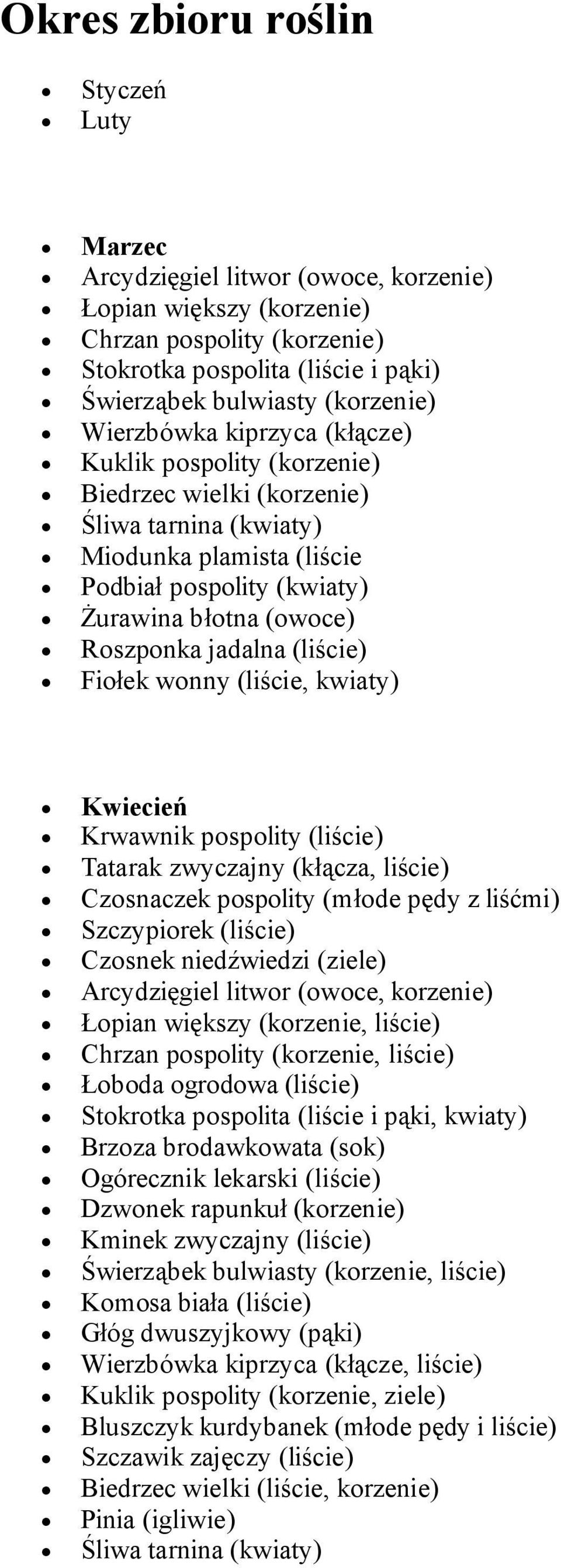 jadalna (liście) Fiołek wonny (liście, kwiaty) Kwiecień Krwawnik pospolity (liście) Tatarak zwyczajny (kłącza, liście) Szczypiorek (liście) Czosnek niedźwiedzi (ziele) Arcydzięgiel litwor (owoce,