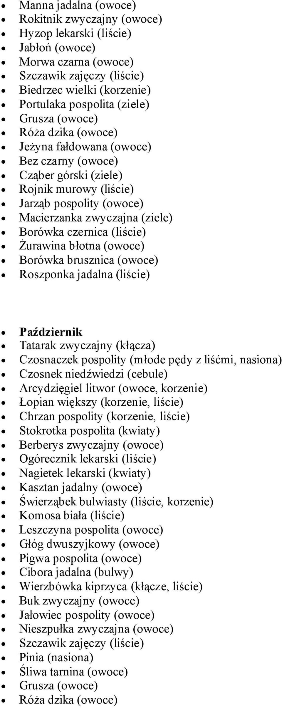 Roszponka jadalna (liście) Październik Tatarak zwyczajny (kłącza) Czosnaczek pospolity (młode pędy z liśćmi, nasiona) Czosnek niedźwiedzi (cebule) Arcydzięgiel litwor (owoce, korzenie) Łopian większy