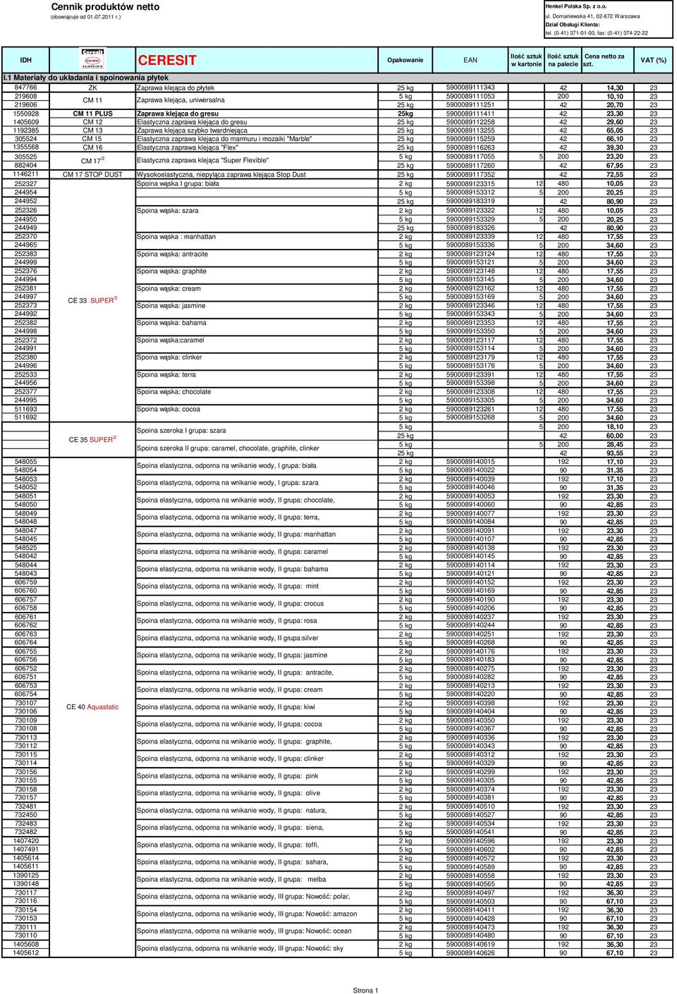 kg 5900089111251 42 20,70 23 1550928 CM 11 PLUS Zaprawa klej ca do gresu 25kg 5900089111411 42 23,30 23 1405609 CM 12 Elastyczna zaprawa klej ca do gresu 25 kg 5900089112258 42 29,60 23 1192385 CM 13