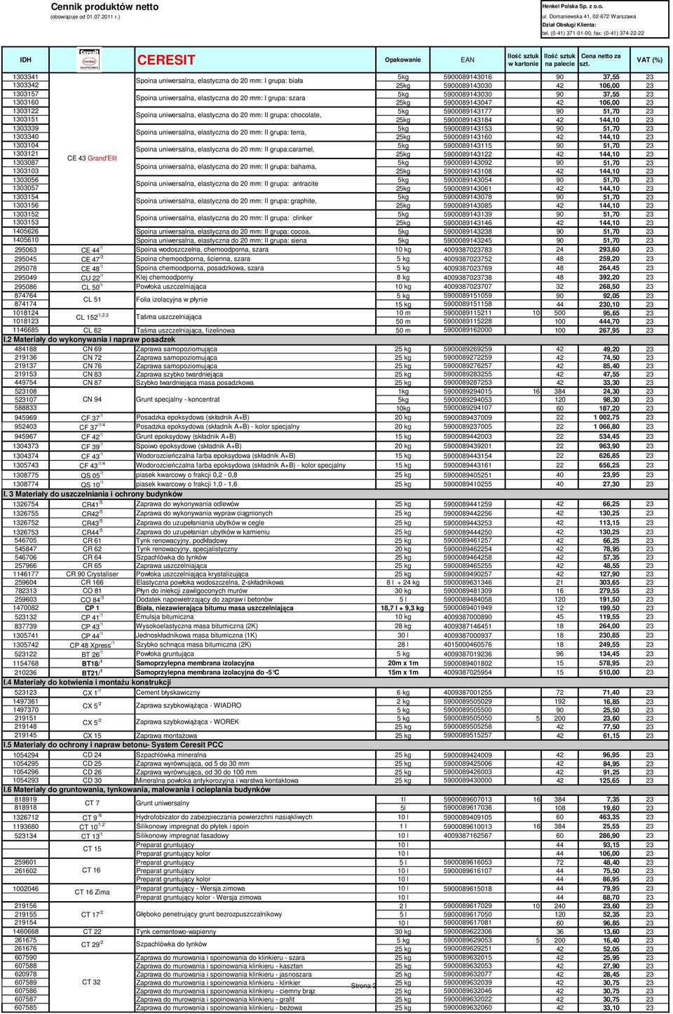 mm: II grupa: chocolate, 1303151 25kg 5900089143184 42 144,10 23 1303339 5kg 5900089143153 90 51,70 23 Spoina uniwersalna, elastyczna do 20 mm: II grupa: terra, 1303340 25kg 5900089143160 42 144,10