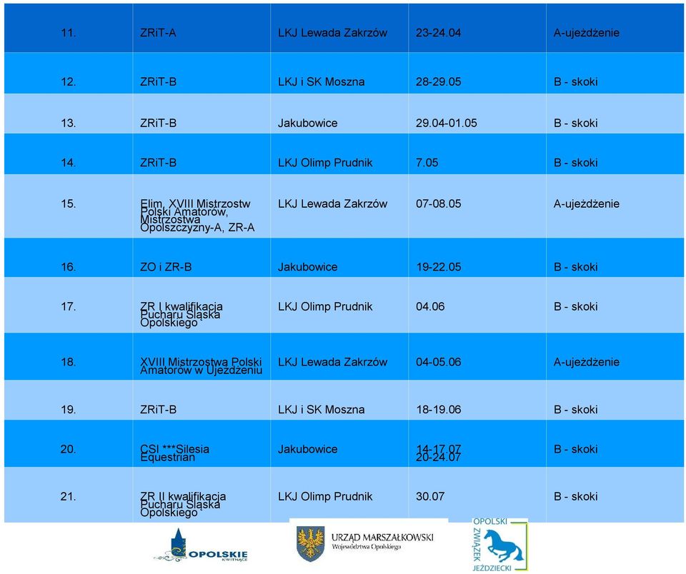 ZR I kwalifikacja Pucharu Śląska Opolskiego LKJ Olimp Prudnik 04.06 B - skoki 18. XVIII Mistrzostwa Polski Amatorów w Ujeżdżeniu LKJ Lewada Zakrzów 04-05.06 A-ujeżdżenie 19.