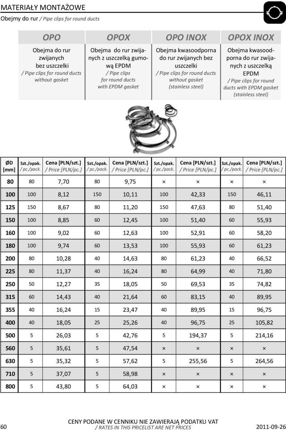 zwijanych z uszczelką EPDM / Pipe clips for round ducts with EPDM gasket (stainless steel) ØD [mm] 80 80 7,70 80 9,75 100 100 8,12 150 10,11 100 42,33 150 46,11 125 150 8,67 80 11,20 150 47,63 80