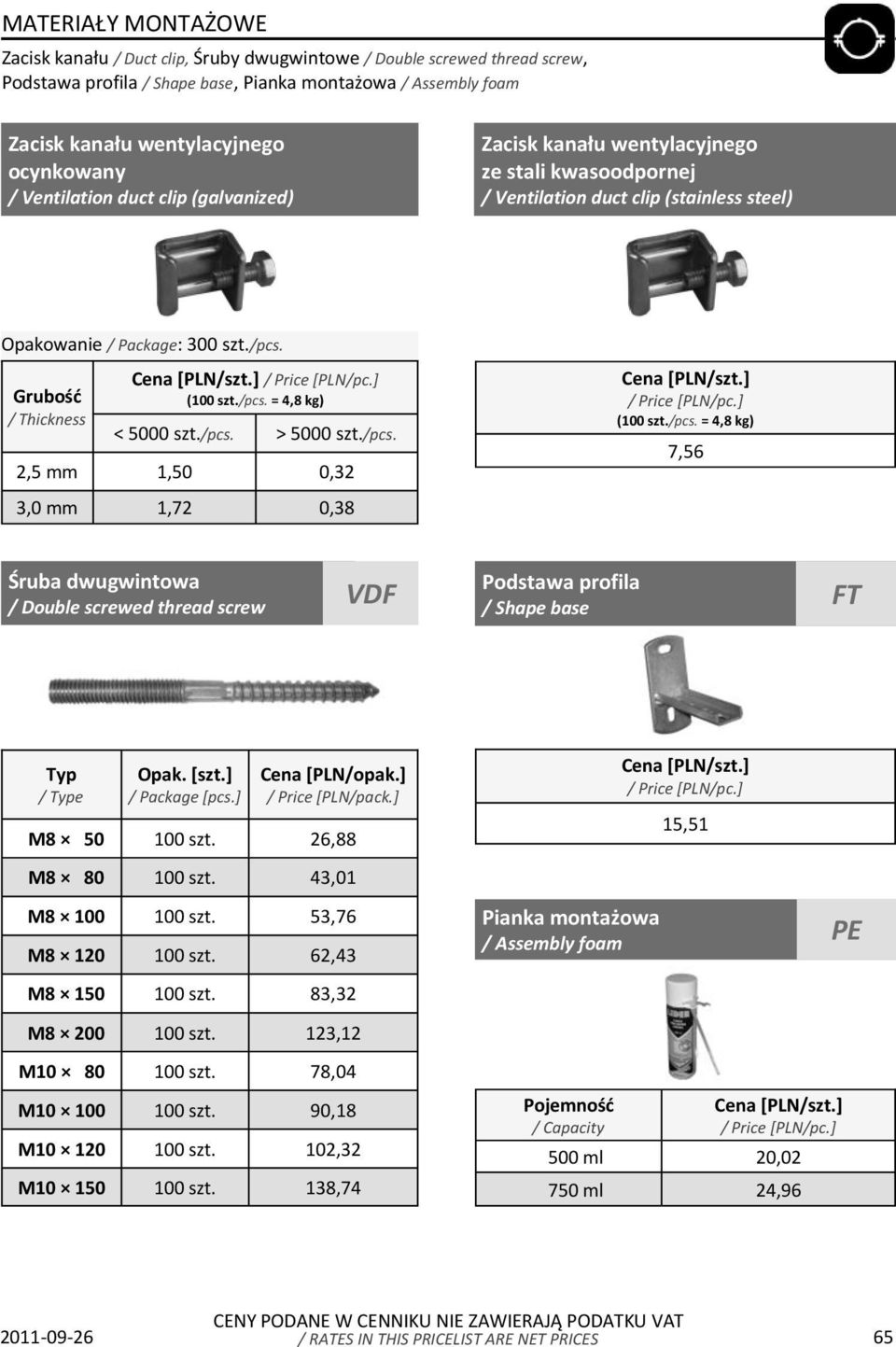 /pcs. 2,5 mm 1,50 0,32 3,0 mm 1,72 0,38 (100 szt./pcs. = 4,8 kg) 7,56 Śruba dwugwintowa / Double screwed thread screw VDF Podstawa profila / Shape base FT / e Opak. [szt.] [pcs.] M8 50 100 szt.