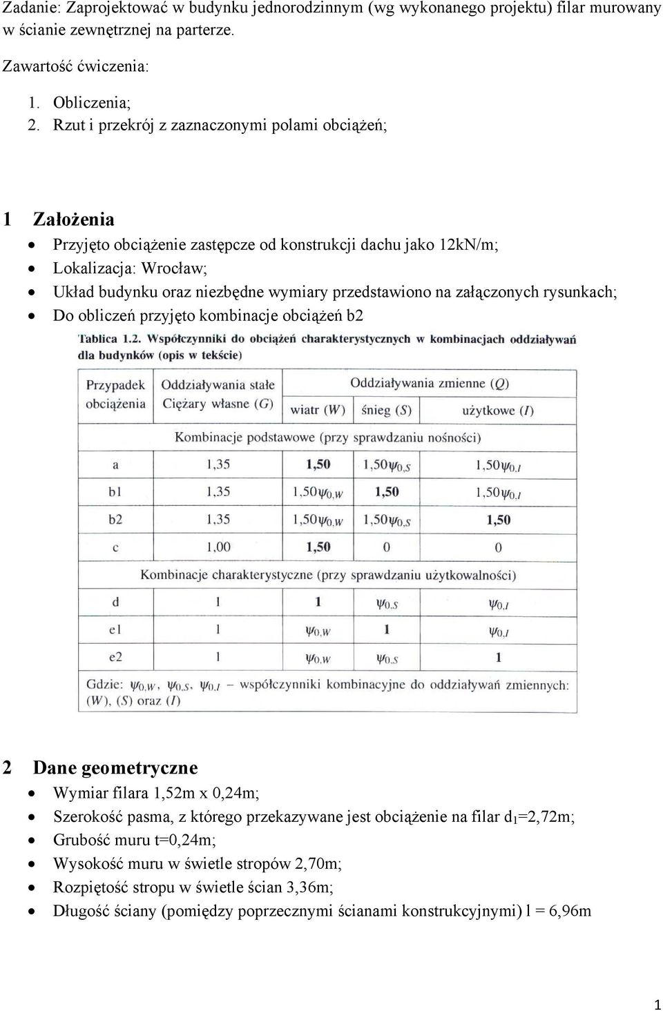 przedstawiono na załączonych rysunkach; Do obliczeń przyjęto kombinacje obciążeń b2 2 Dane geometryczne Wymiar filara 1,52m x 0,24m; Szerokość pasma, z którego przekazywane jest