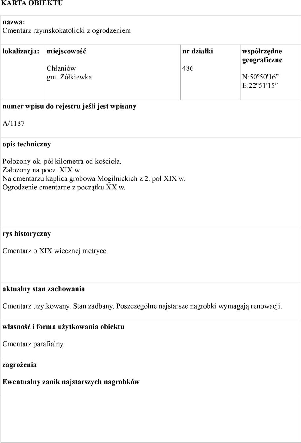 pół kilometra od kościoła. Założony na pocz. XIX w. Na cmentarzu kaplica grobowa Mogilnickich z 2. poł XIX w. Ogrodzenie cmentarne z początku XX w.