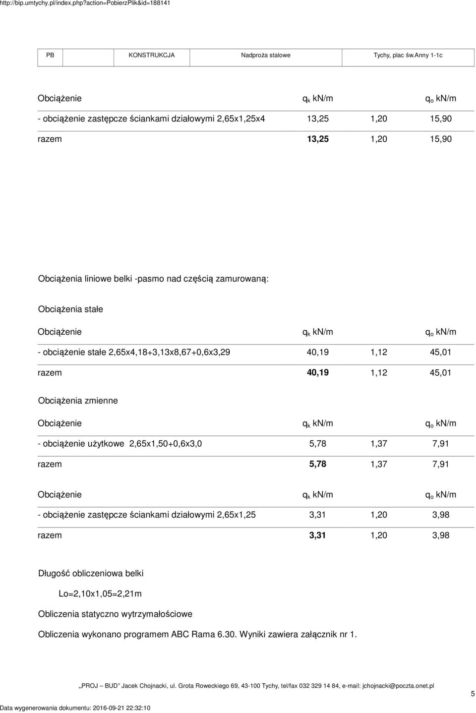 stałe,65x4,18+3,13x8,67+0,6x3,9 40,19 1,1 45,01 40,19 1,1 45,01 Obciążenia zmienne - obciążenie użytkowe,65x1,50+0,6x3,0 5,78 1,37 7,91 5,78 1,37 7,91 - obciążenie zastępcze ściankami