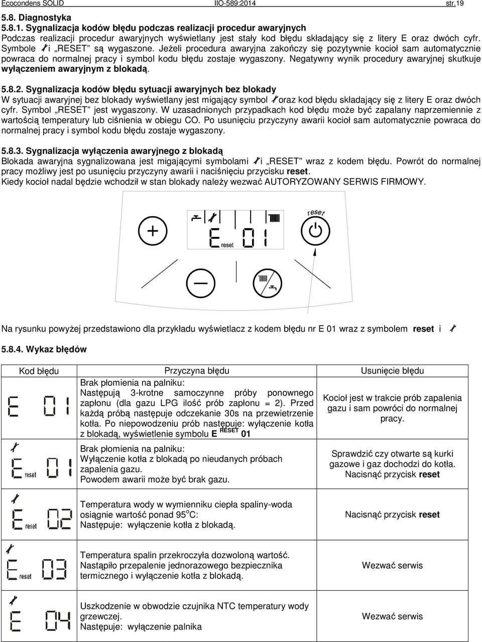 Symbole i RESET są wygaszone. Jeżeli procedura awaryjna zakończy się pozytywnie kocioł sam automatycznie powraca do normalnej pracy i symbol kodu błędu zostaje wygaszony.