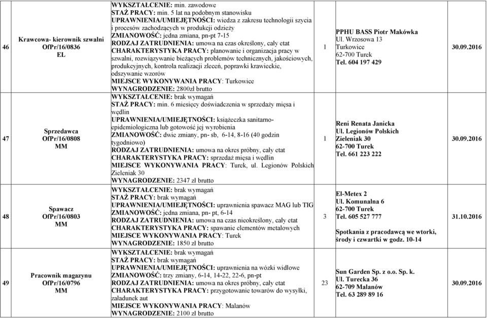 planowanie i organizacja pracy w szwalni, rozwiązywanie bieżących problemów technicznych, jakościowych, produkcyjnych, kontrola realizacji zleceń, poprawki krawieckie, odszywanie wzorów MIEJSCE WYKO