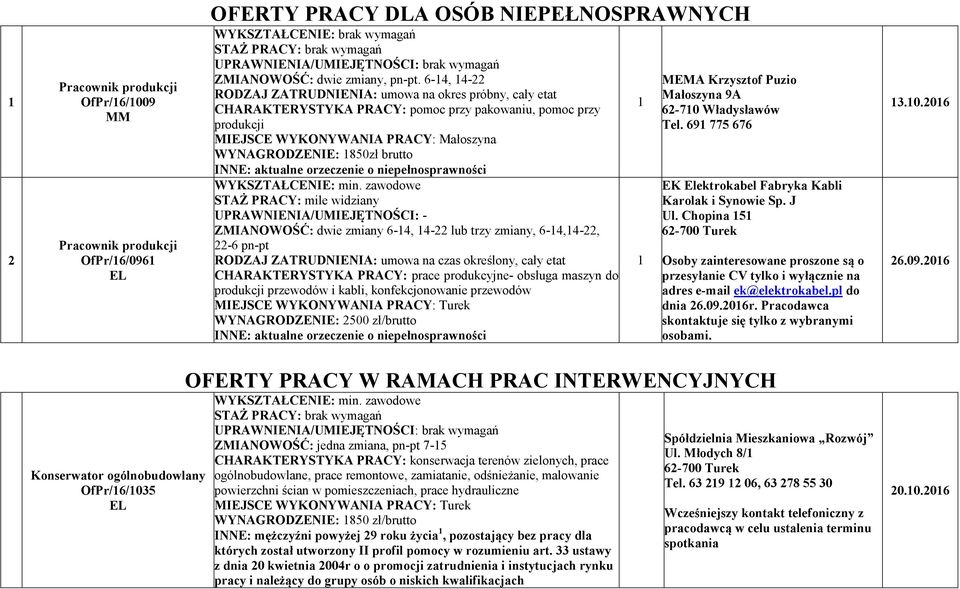 mile widziany UPRAW IE IA/UMIEJĘT OŚCI: - ZMIA OWOŚĆ: dwie zmiany 6-4, 4- lub trzy zmiany, 6-4,4-, -6 pn-pt CHARAKTERYSTYKA PRACY: prace produkcyjne- obsługa maszyn do produkcji przewodów i kabli,