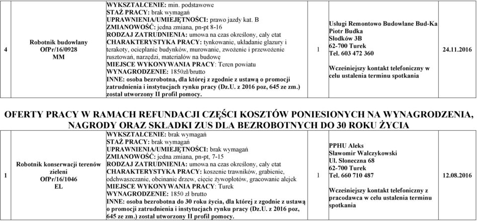 MIEJSCE WYKO YWA IA PRACY: Teren powiatu WY AGRODZE IE: 850zł/brutto I E: osoba bezrobotna, dla której z zgodnie z ustawą o promocji zatrudnienia i instytucjach rynku pracy (Dz.U. z 06 poz, 645 ze zm.