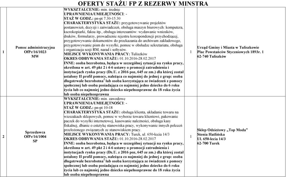 , obsługa interesantów: wydawanie wniosków, druków, formularzy, prowadzenie rejestru korespondencji przychodzącej, przygotowywanie dokumentów do przekazania do archiwum zakładowego, przygotowywanie