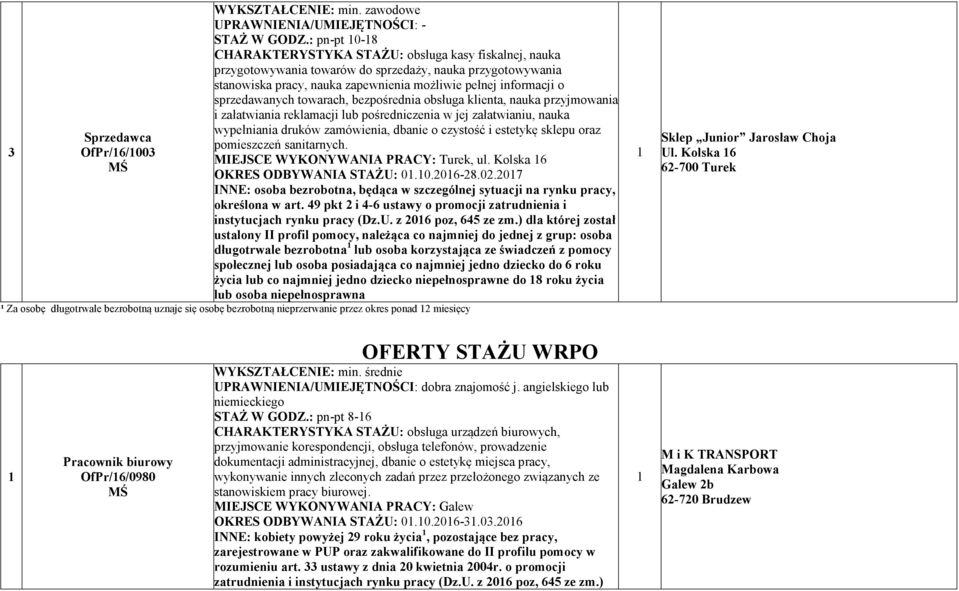 sprzedawanych towarach, bezpośrednia obsługa klienta, nauka przyjmowania i załatwiania reklamacji lub pośredniczenia w jej załatwianiu, nauka wypełniania druków zamówienia, dbanie o czystość i