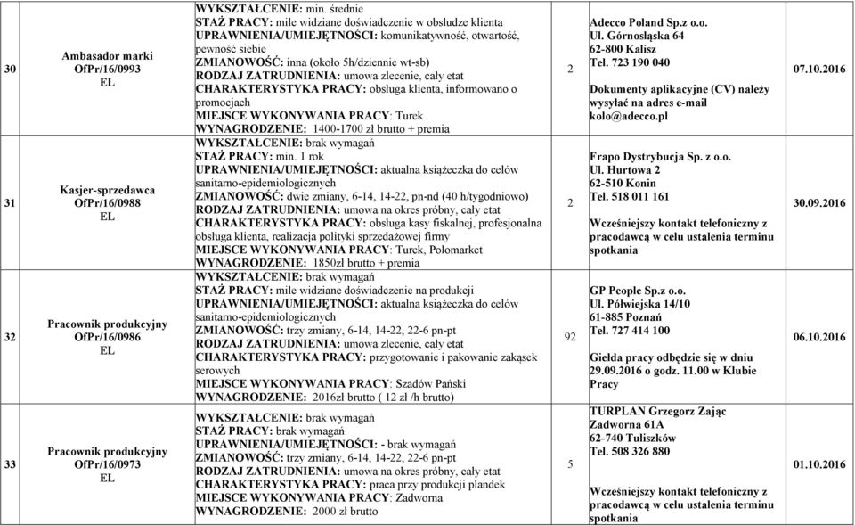 umowa zlecenie, cały etat CHARAKTERYSTYKA PRACY: obsługa klienta, informowano o promocjach WY AGRODZE IE: 400-700 zł brutto + premia STAŻ PRACY: min.