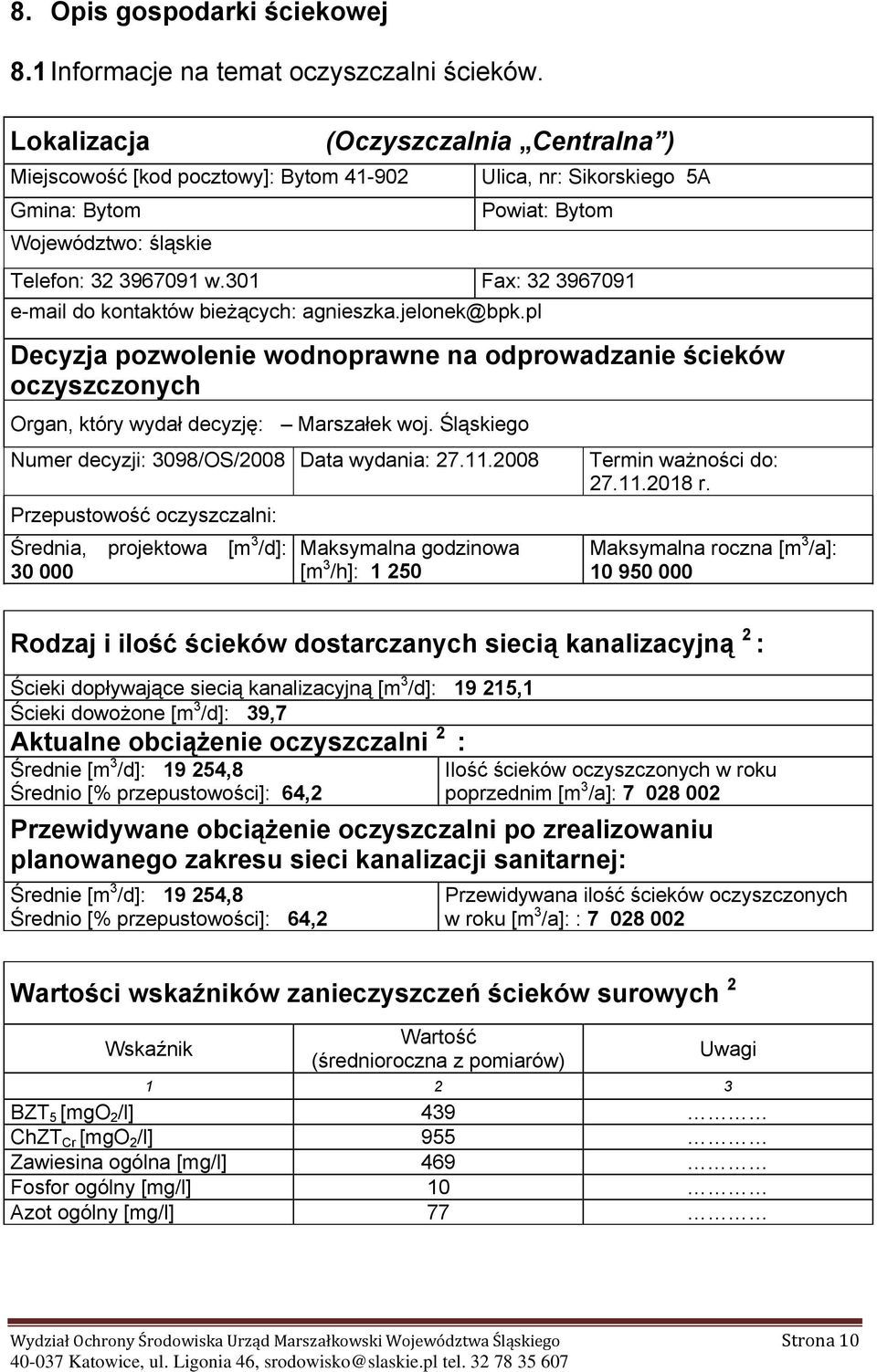 301 Fax: 32 3967091 e-mail do kontaktów bieżących: agnieszka.jelonek@bpk.pl Decyzja pozwolenie wodnoprawne na odprowadzanie ścieków oczyszczonych Organ, który wydał decyzję: Marszałek woj.