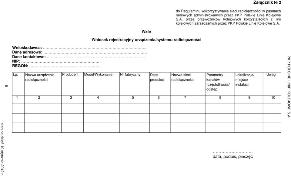 Wzór Wniosek rejestracyjny urządzenia/systemu radiołączności 8 Wnioskodawca:. Dane adresowe:. Dane kontaktowe:. NIP: REGON: Lp.