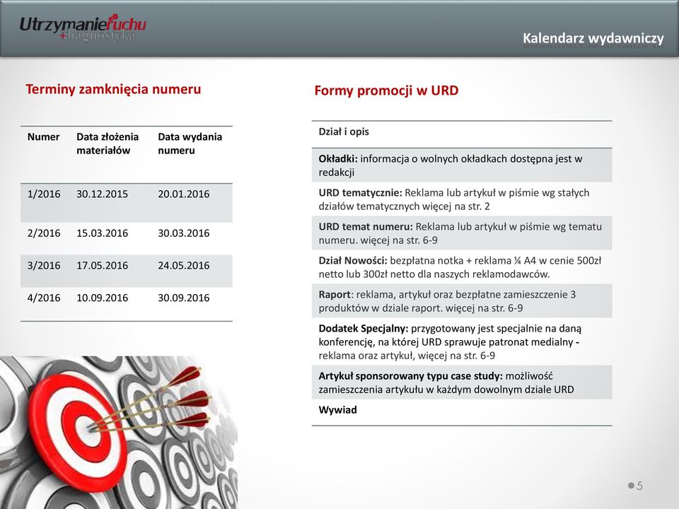 2 URD temat numeru: Reklama lub artykuł w piśmie wg tematu numeru. więcej na str. 6-9 Dział Nowości: bezpłatna notka + reklama ¼ A4 w cenie 500zł netto lub 300zł netto dla naszych reklamodawców.