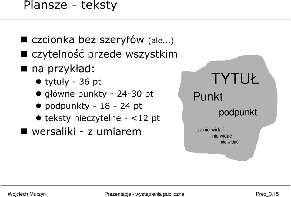 główne punkty - 24-30 pt podpunkty - 18-24 pt teksty nieczytelne