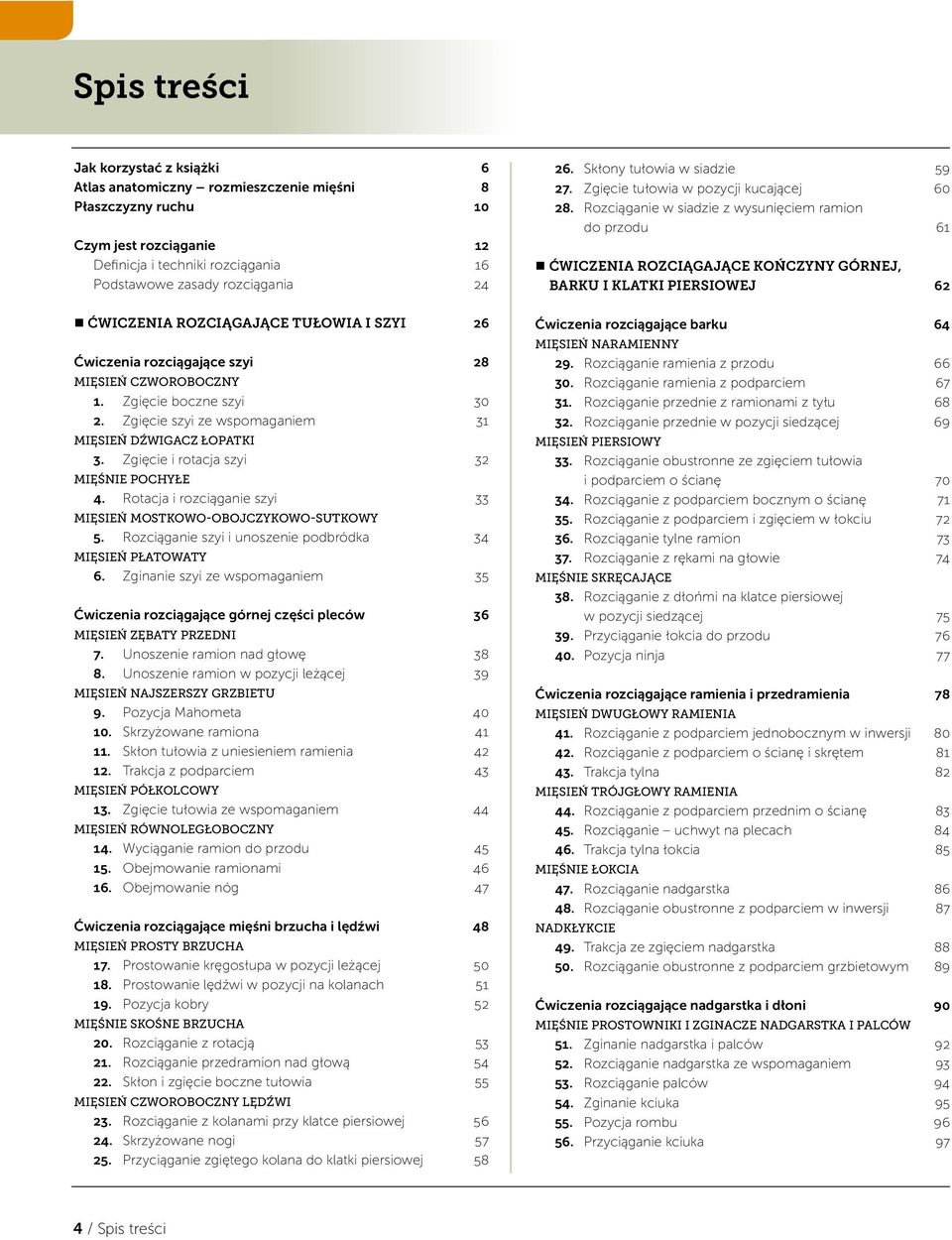 Zgięcie i rotacja szyi 32 MIĘŚNIE POCHYŁE 4. Rotacja i rozciąganie szyi 33 MIĘSIEŃ MOSTKOWO-OBOJCZYKOWO-SUTKOWY 5. Rozciąganie szyi i unoszenie podbródka 34 MIĘSIEŃ PŁATOWATY 6.