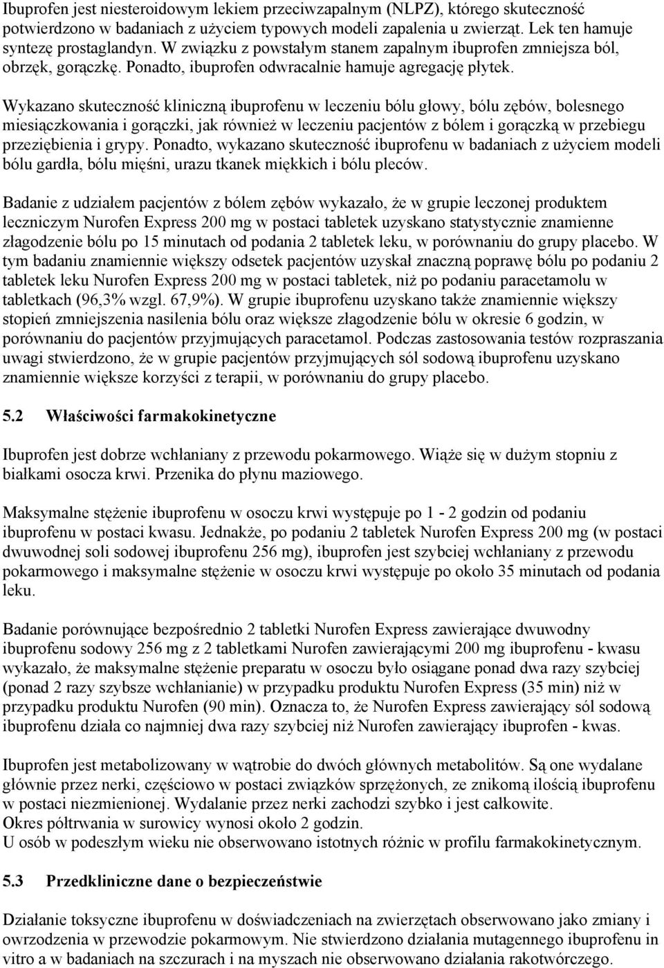 Wykazano skuteczność kliniczną ibuprofenu w leczeniu bólu głowy, bólu zębów, bolesnego miesiączkowania i gorączki, jak również w leczeniu pacjentów z bólem i gorączką w przebiegu przeziębienia i