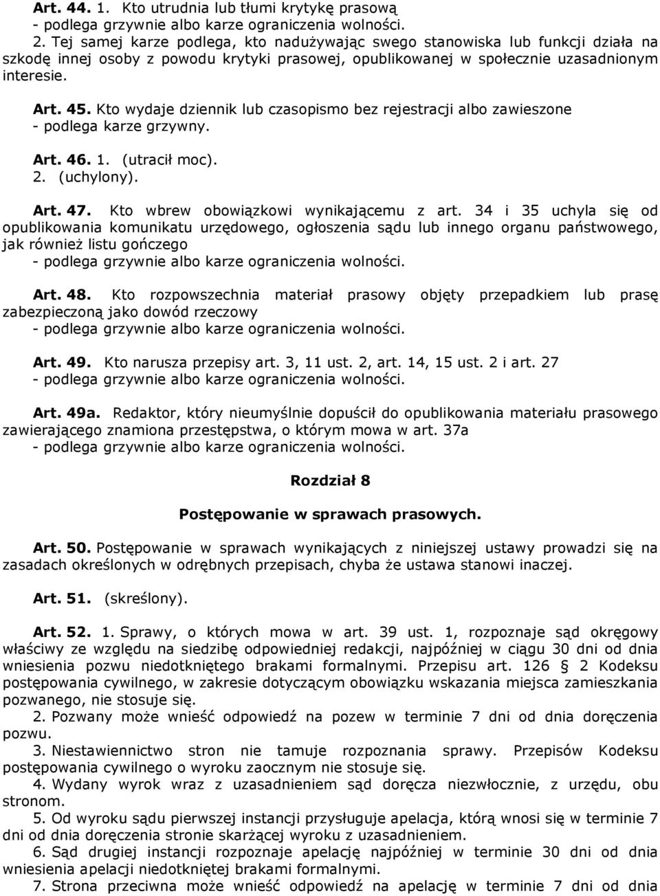 Kto wydaje dziennik lub czasopismo bez rejestracji albo zawieszone - podlega karze grzywny. Art. 46. 1. (utracił moc). 2. (uchylony). Art. 47. Kto wbrew obowiązkowi wynikającemu z art.