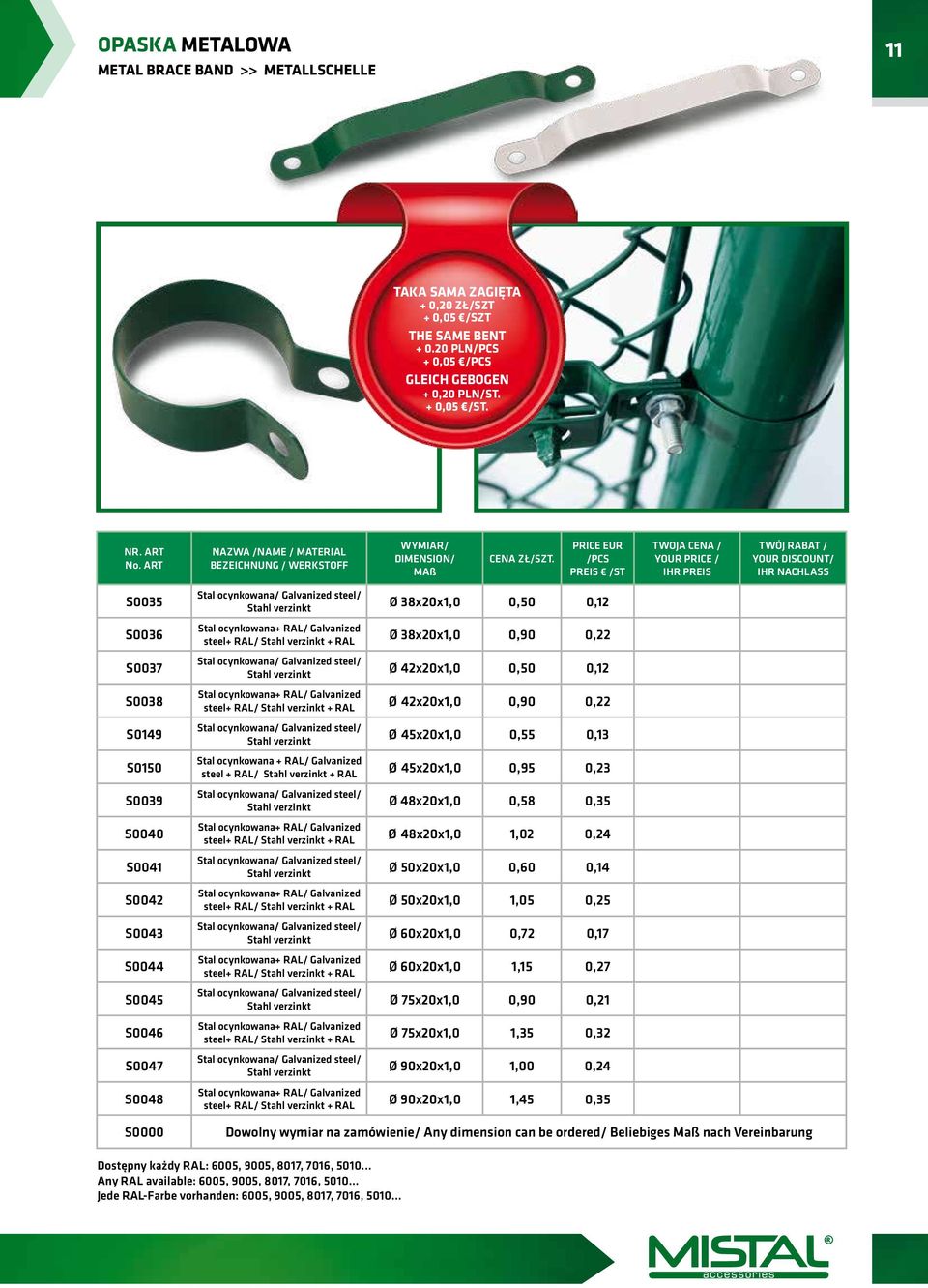 38x20x1,0 0,50 0,12 Stal ocynkowana+ RAL/ Galvanized steel+ RAL/ Stahl verzinkt + RAL ø 38x20x1,0 0,90 0,22 Stal ocynkowana/ Galvanized steel/ Stahl verzinkt ø 42x20x1,0 0,50 0,12 Stal ocynkowana+