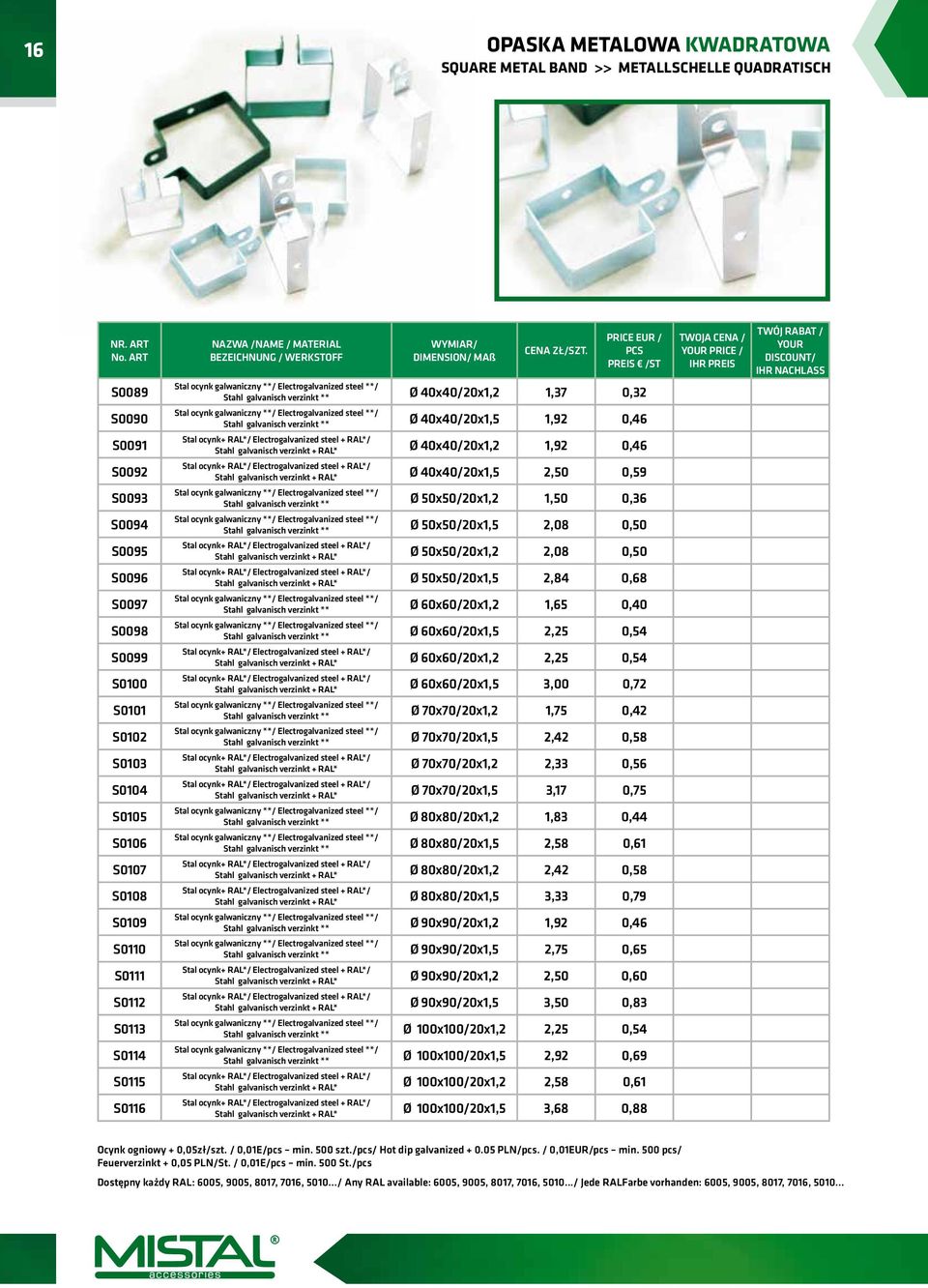 Stal ocynk galwaniczny **/ Electrogalvanized steel **/ Stahl galvanisch verzinkt ** ø 40x40/20x1,5 1,92 0,46 Stal ocynk+ RAL*/ Electrogalvanized steel + RAL*/ Stahl galvanisch verzinkt + RAL* ø