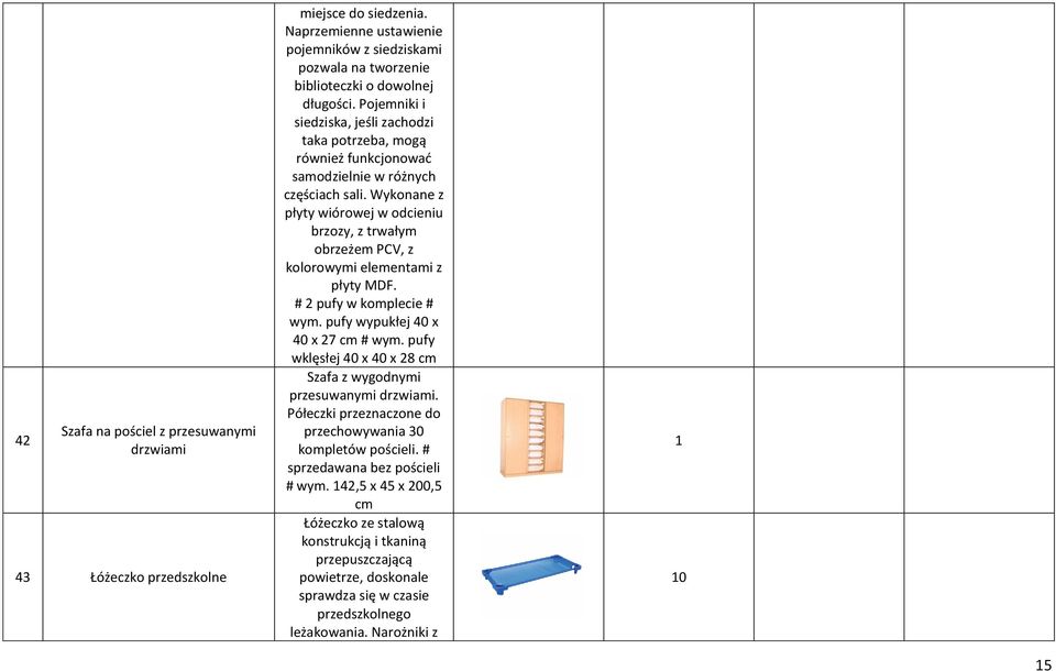 Wykonane z płyty wiórowej w odcieniu brzozy, z trwałym obrzeżem PCV, z kolorowymi elementami z płyty MDF. # pufy w komplecie # wym. pufy wypukłej 40 x 40 x 7 cm # wym.