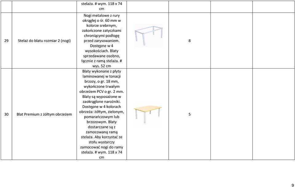 Blaty sprzedawane osobno, łącznie z ramą stelaża. # wys. 5 cm Blaty wykonane z płyty brzozy, o gr. 8 mm, wykończone trwałym obrzeżem PCV o gr. mm. Blaty są wyposażone w zaokrąglone narożniki.