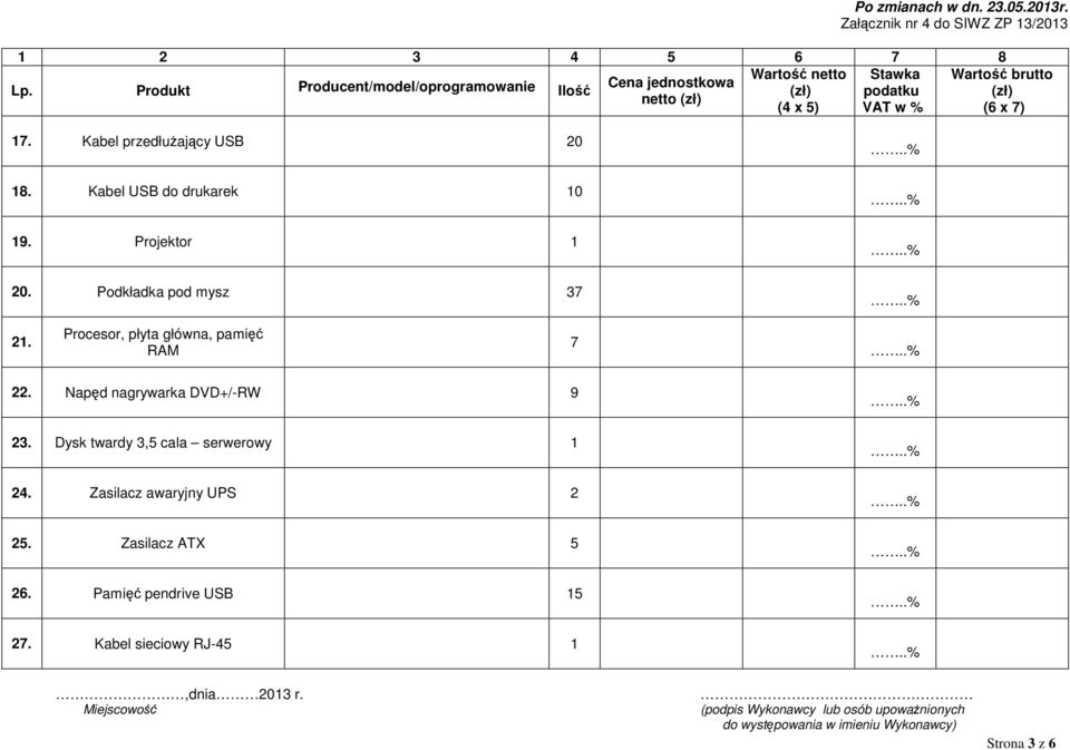 7) 7. Kabel przedłuŝający USB 0 8. Kabel USB do drukarek 0 9. Projektor 0. Podkładka pod mysz 37.